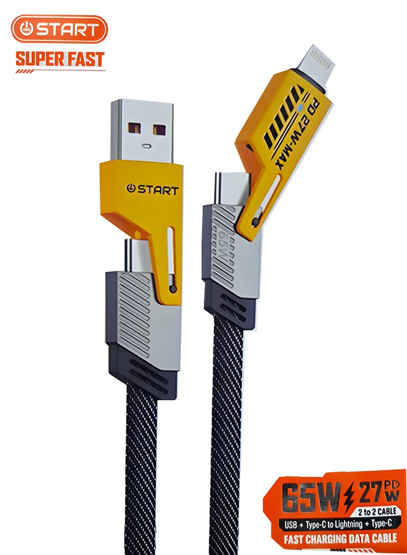 ستارت كابل شحن سريع 2 في 2 بقوة 65 واط PD / 27 واط – USB و Type-C إلى Lightning و Type-C – كابل بيانات وشحن فلات مجدول 1 متر – موديل ST-353 - Image 2